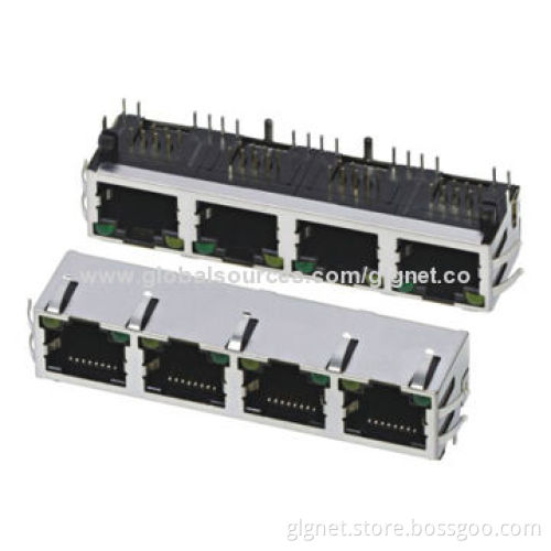 Tab up 1*4 port RJ45 connector, with LED, shielded with spring, R/A type, round pin